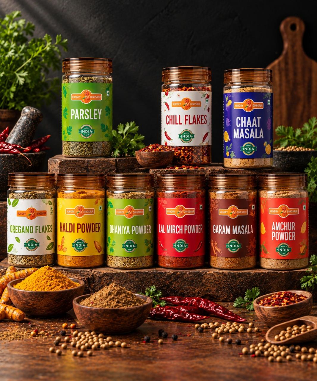 Dino Spice Vault: Haldi Powder, Dhaniya Powder, Lal Mirch Powder, Garam Masala, Amchur Powder, Chaat Masala, Parsley, Oregano Flakes, Chilli Flakes