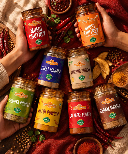 Snackzilla Box: Momo Chutney, Ghost Chutney, Chaat Masala, Amchur Powder, Dhaniya Powder, Haldi Powder, Lal Mirch Powder, Garam Masala