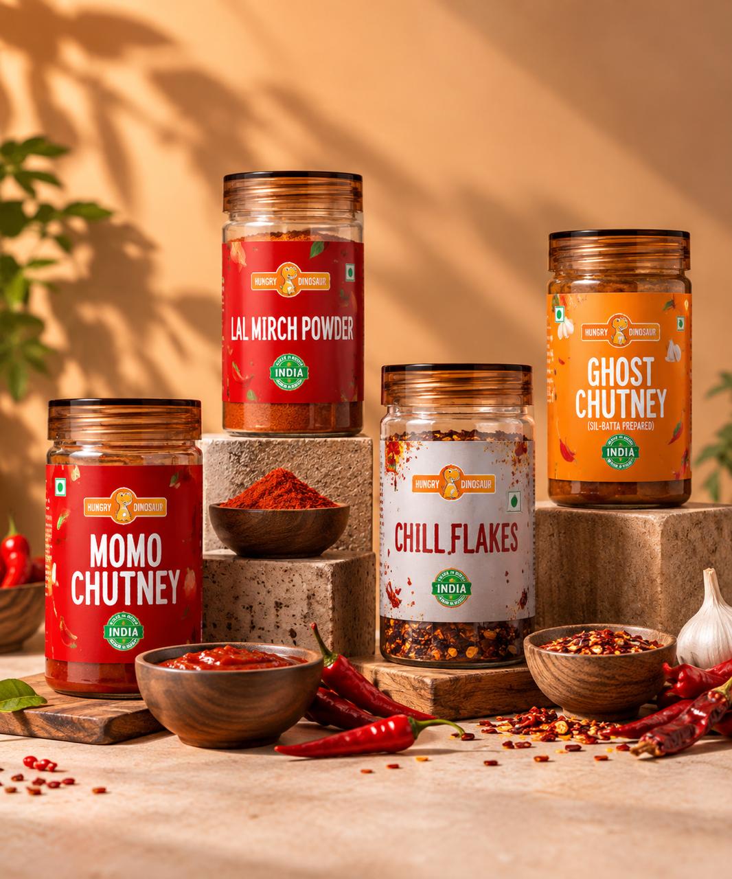 Hotter Than Hell Combo: Lal Mirch Powder, Chilli Flakes, Ghost Chutney, Momo Chutney