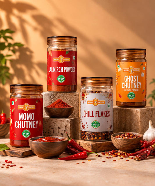 Hotter Than Hell Combo: Lal Mirch Powder, Chilli Flakes, Ghost Chutney, Momo Chutney