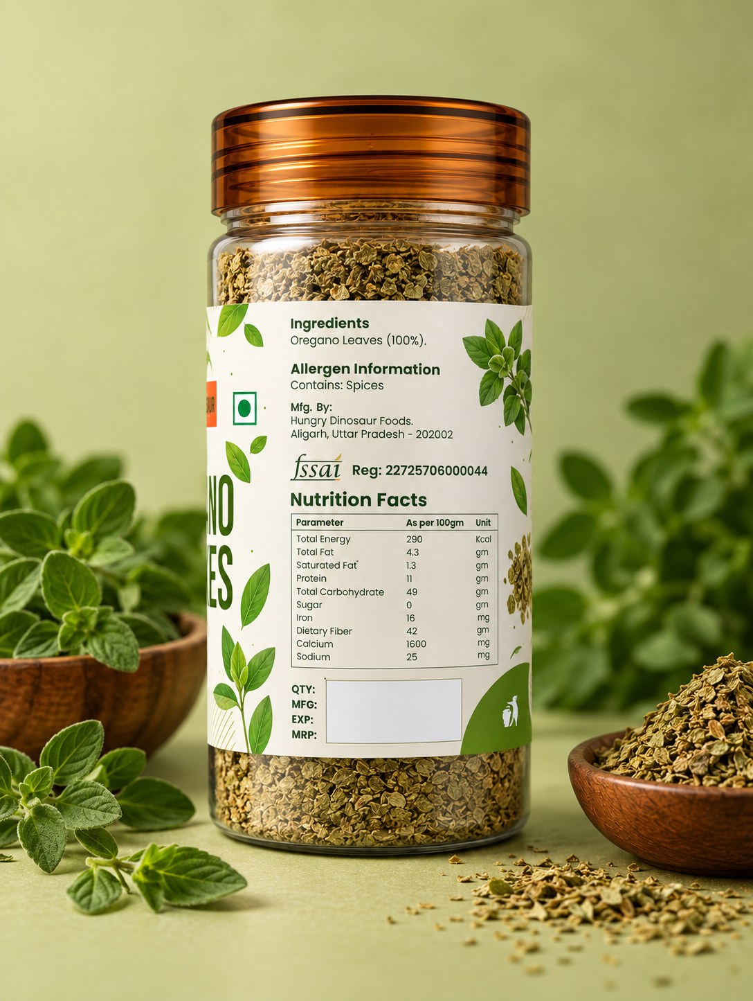 Oregano Flakes jar, back label